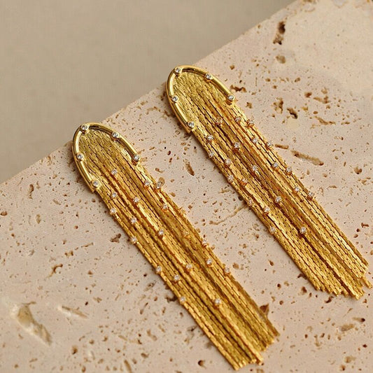 Gold-tone diamond-set chain tassel earrings